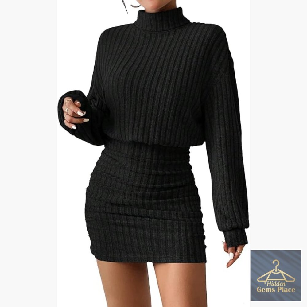 Ribbed Knit Turtleneck Mini Sweater Dress Lantern Sleeves Bodycon